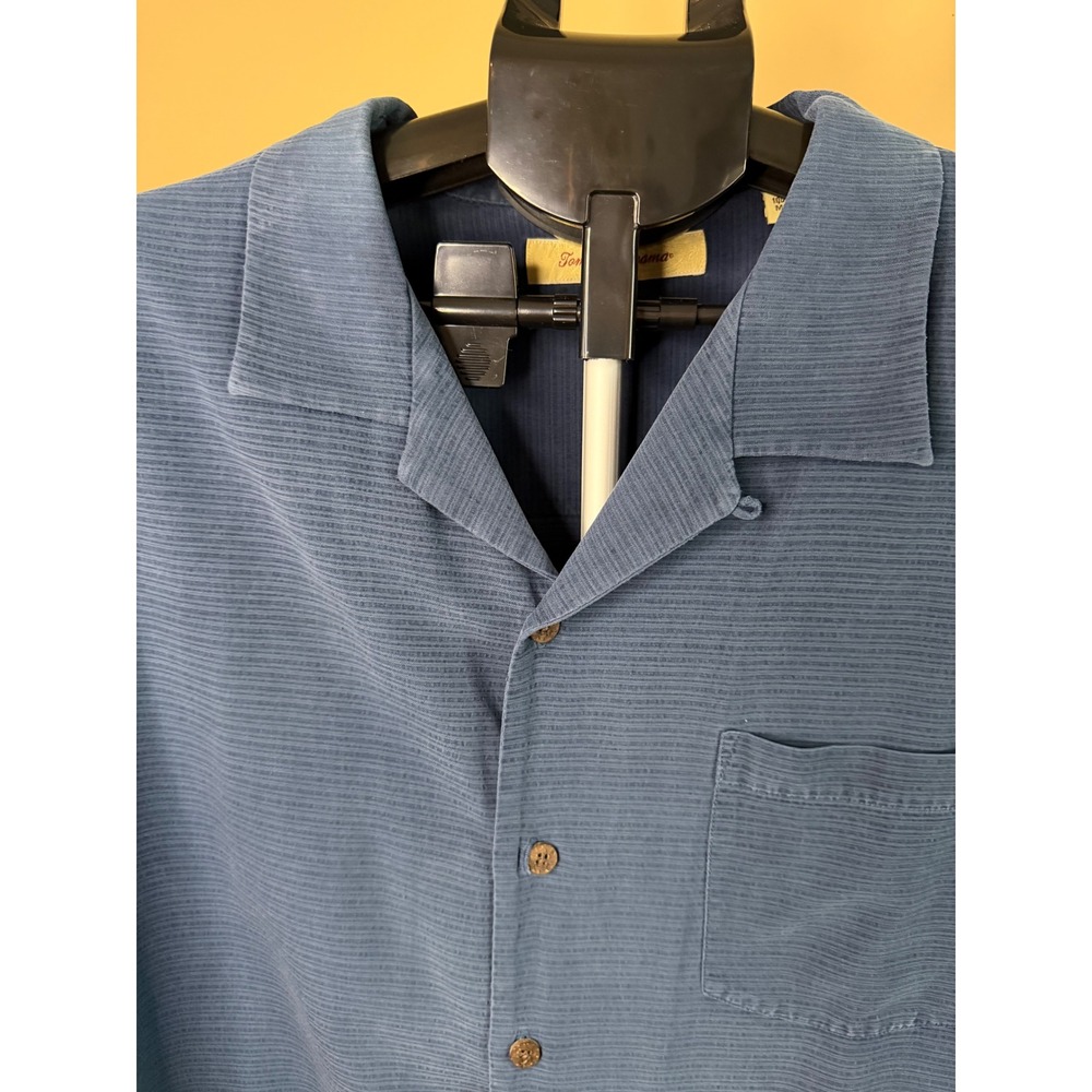 Tommy‎ Bahama Mens XL Blue 100% Silk Short Sleeve Camp Shirt Ribbed Textured